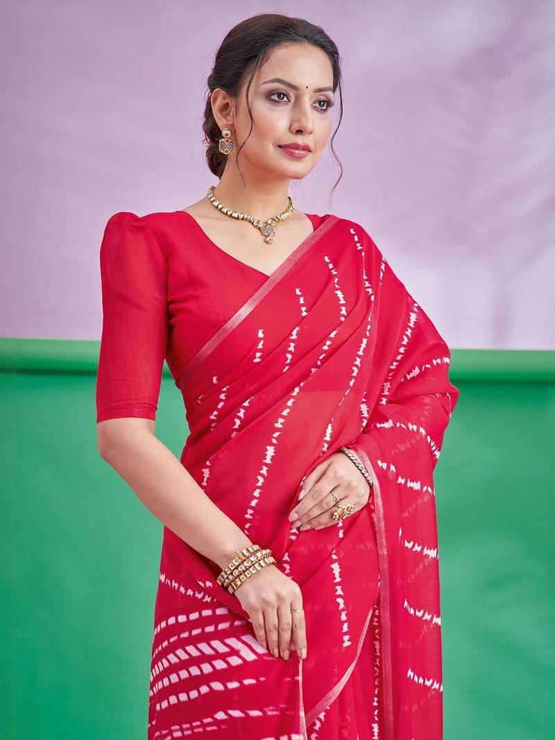 Red Leheriya Printed Cotton Linen Saree With Unstitched Blouse