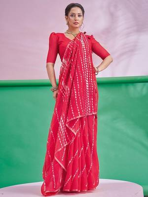 Red Leheriya Printed Cotton Linen Saree With Unstitched Blouse 2