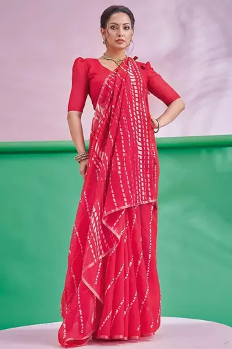 Red Leheriya Printed Cotton Linen Saree With Unstitched Blouse