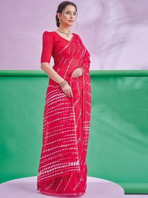 Red Leheriya Printed Cotton Linen Saree With Unstitched Blouse 3