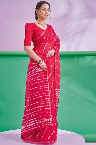 Red Leheriya Printed Cotton Linen Saree With Unstitched Blouse
