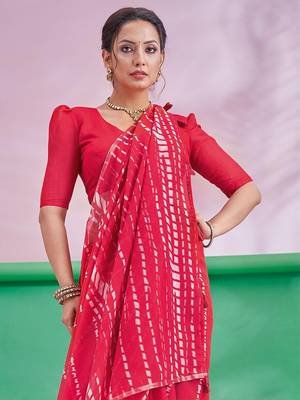 Red Leheriya Printed Cotton Linen Saree With Unstitched Blouse 4