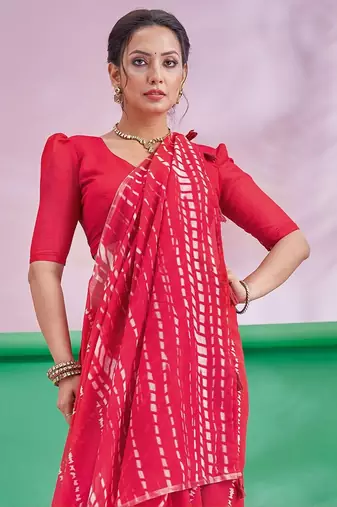 Red Leheriya Printed Cotton Linen Saree With Unstitched Blouse