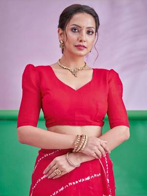 Red Leheriya Printed Cotton Linen Saree With Unstitched Blouse 6