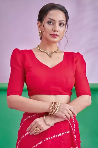 Red Leheriya Printed Cotton Linen Saree With Unstitched Blouse
