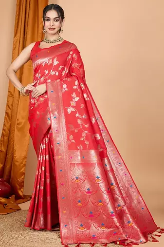 Red Woven Design Zari Banarasi Saree With Unstitched blouse