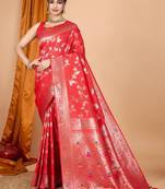 Red Woven Design Zari Banarasi Saree With Unstitched blouse