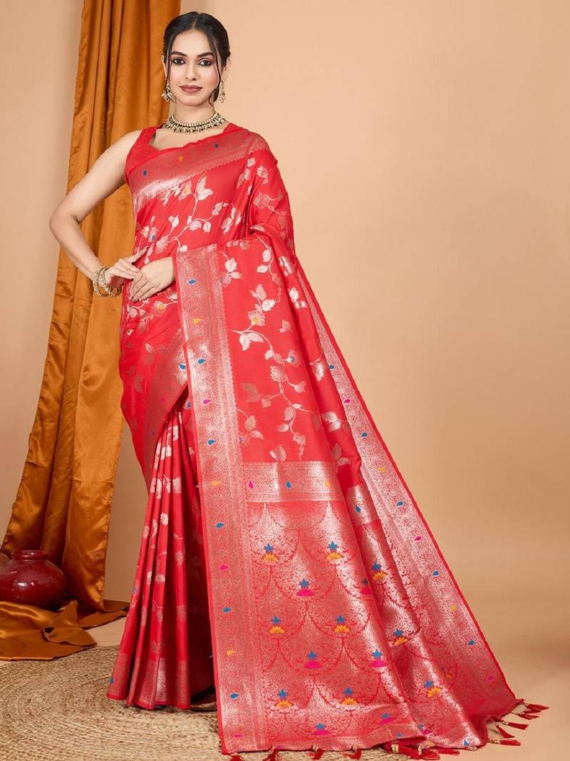 Red Woven Design Zari Banarasi Saree With Unstitched blouse