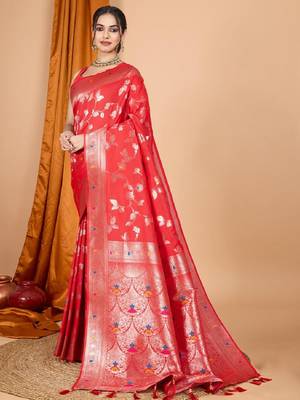 Red Woven Design Zari Banarasi Saree With Unstitched blouse 2