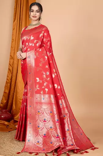 Red Woven Design Zari Banarasi Saree With Unstitched blouse