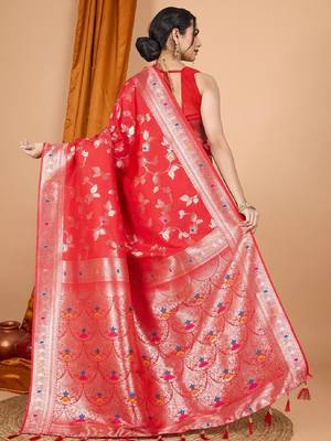 Red Woven Design Zari Banarasi Saree With Unstitched blouse 3