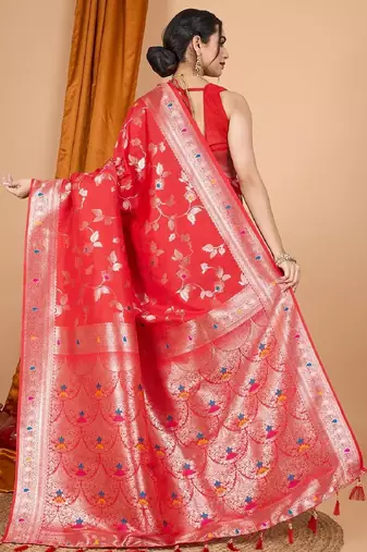 Red Woven Design Zari Banarasi Saree With Unstitched blouse