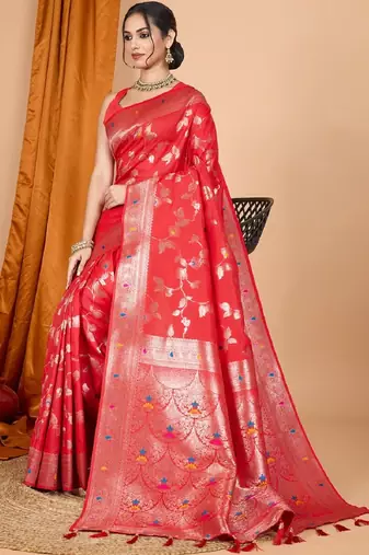 Red Woven Design Zari Banarasi Saree With Unstitched blouse