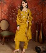 Musturd embroidery rayon kurta with pant and duptta