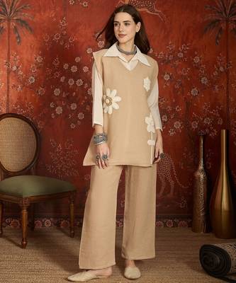 Brown embroidery cotton shirt with pant and koti 1