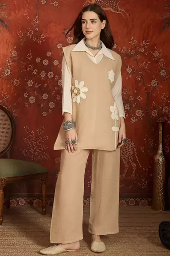 Brown embroidery cotton shirt with pant and koti