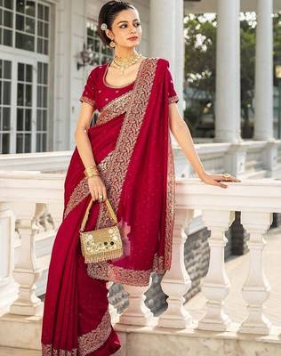 Red Embellished Saree With Unstitched Blouse Piece 1