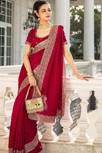 Red Embellished Saree With Unstitched Blouse Piece