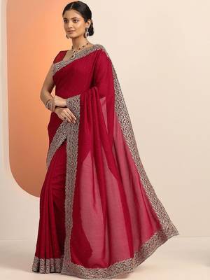 Red Embellished Saree With Unstitched Blouse Piece 4
