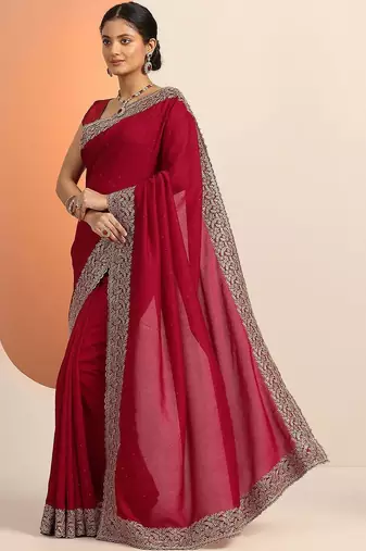 Red Embellished Saree With Unstitched Blouse Piece