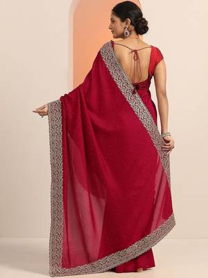 Red Embellished Saree With Unstitched Blouse Piece 5