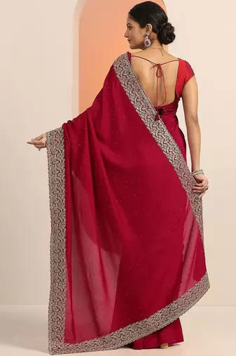 Red Embellished Saree With Unstitched Blouse Piece