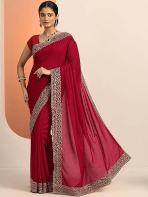 Red Embellished Saree With Unstitched Blouse Piece 6