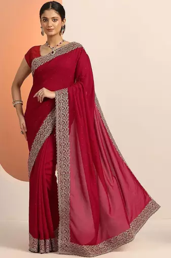 Red Embellished Saree With Unstitched Blouse Piece