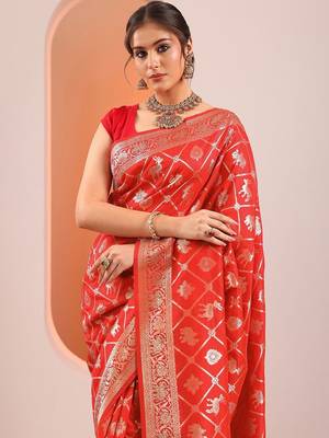 Red Woven Design Saree With Unstitched Blouse Piece 1