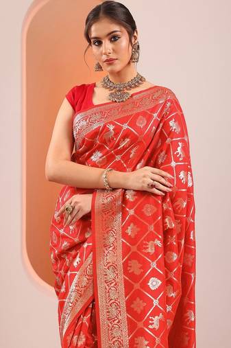 Red Woven Design Saree With Unstitched Blouse Piece