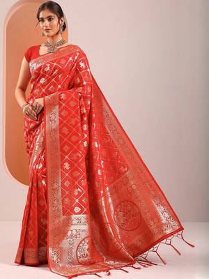 Red Woven Design Saree With Unstitched Blouse Piece 2