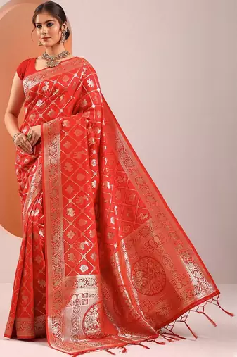 Red Woven Design Saree With Unstitched Blouse Piece