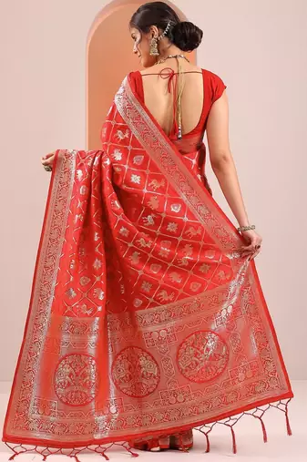 Red Woven Design Saree With Unstitched Blouse Piece