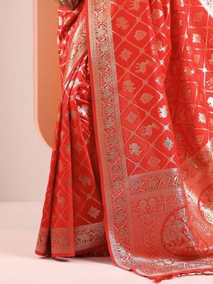 Red Woven Design Saree With Unstitched Blouse Piece 6