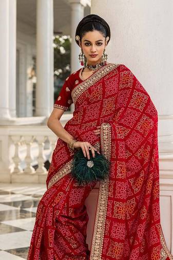 Red Bandhani Printed Saree With Unstitched Blouse Piece