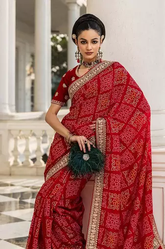 Red Bandhani Printed Saree With Unstitched Blouse Piece