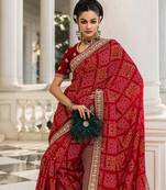 Red Bandhani Printed Saree With Unstitched Blouse Piece