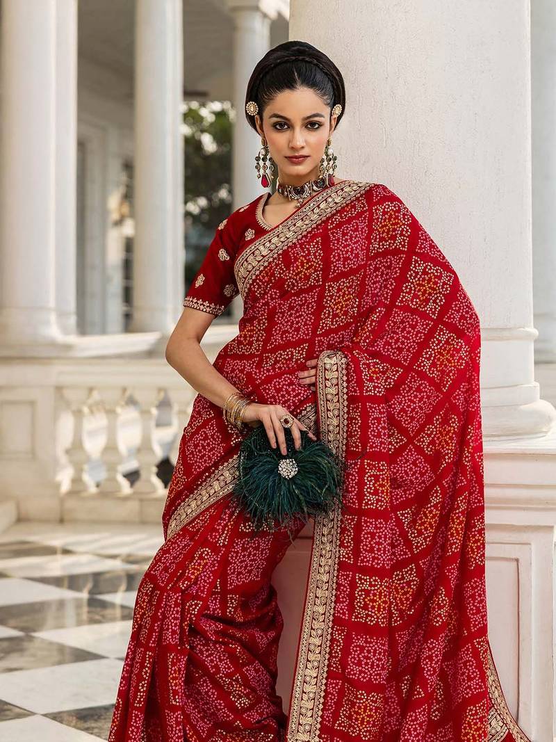 Red Bandhani Printed Saree With Unstitched Blouse Piece