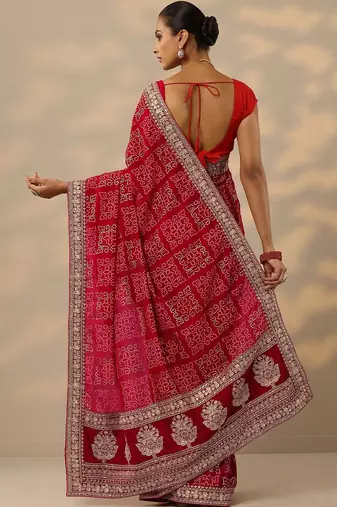 Red Bandhani Printed Saree With Unstitched Blouse Piece