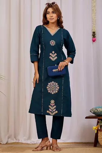 Teal blue embroidery cotton kurta with pant