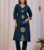 Teal blue embroidery cotton kurta with pant