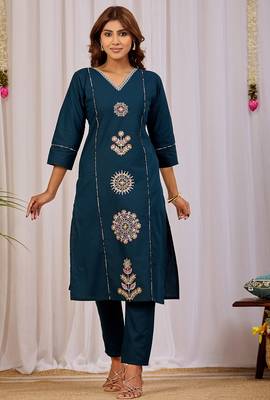 Teal blue embroidery cotton kurta with pant 2