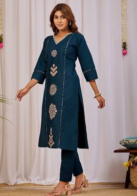 Teal blue embroidery cotton kurta with pant 3