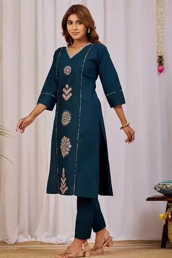 Teal blue embroidery cotton kurta with pant