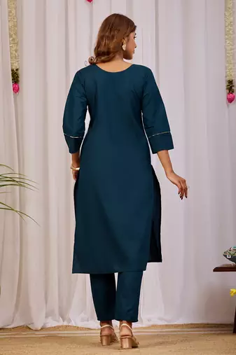 Teal blue embroidery cotton kurta with pant
