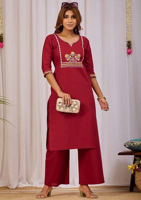 Maroon embroidery cotton kurta with pant 1