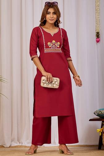 Maroon embroidery cotton kurta with pant