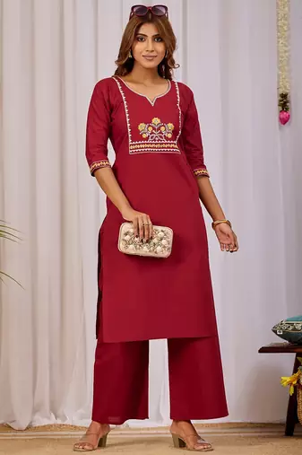 Maroon embroidery cotton kurta with pant