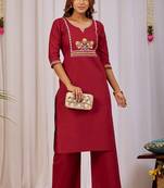 Maroon embroidery cotton kurta with pant