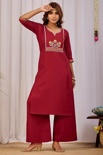 Maroon embroidery cotton kurta with pant